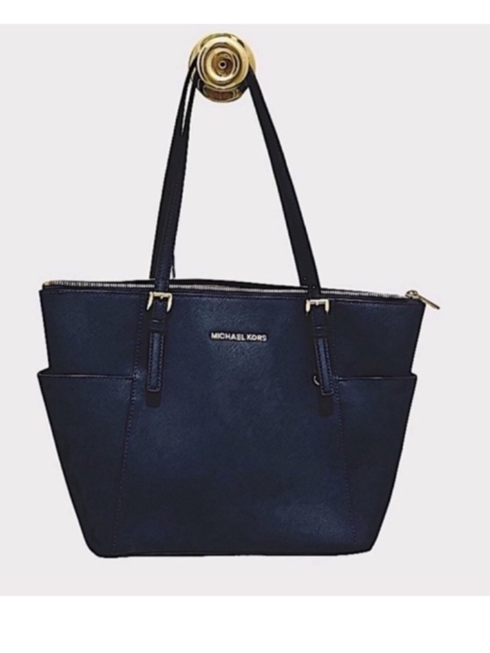 Michael Kors Top Zip Shoulder Bag Double Straps Large Tote Purse Navy Blue Gold - Picture 12 of 13